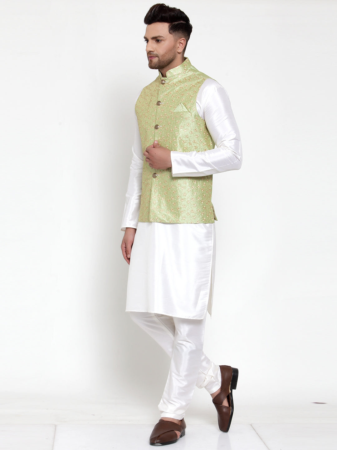 Green Dupion Kurta Pajama Set with Embroidered Nehru Jacket
