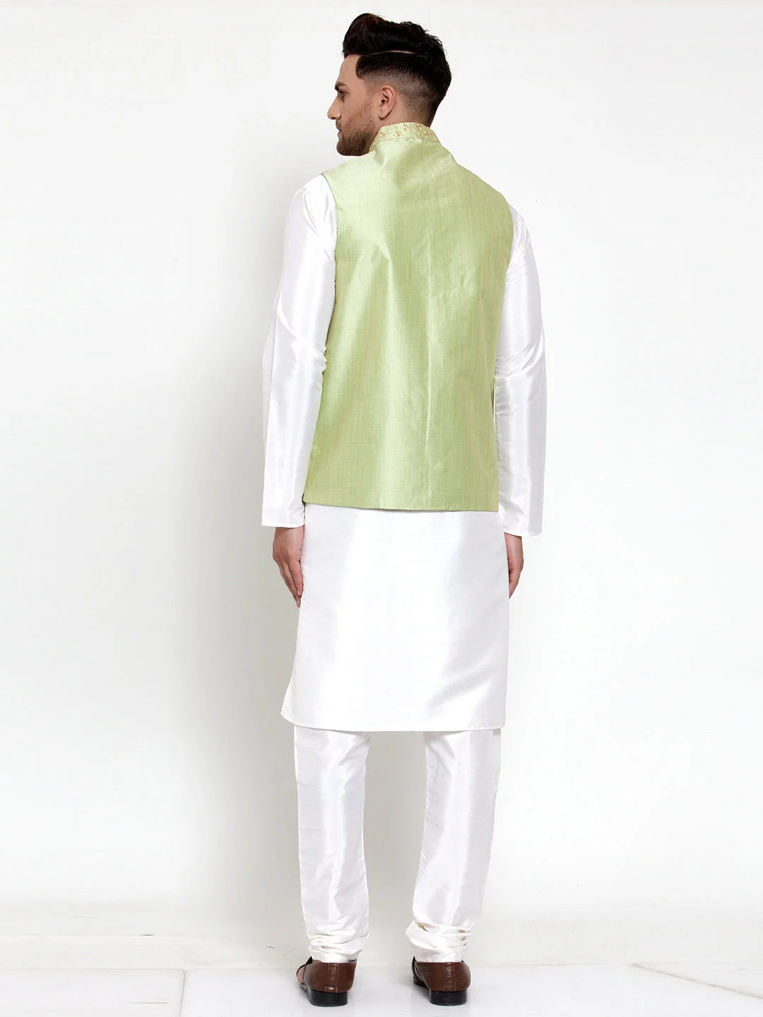 Green Dupion Kurta Pajama Set with Embroidered Nehru Jacket