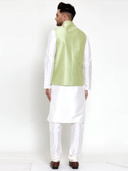 Men's Solid Dupion Kurta Pajama with Embroidered Nehru Jacket-Green