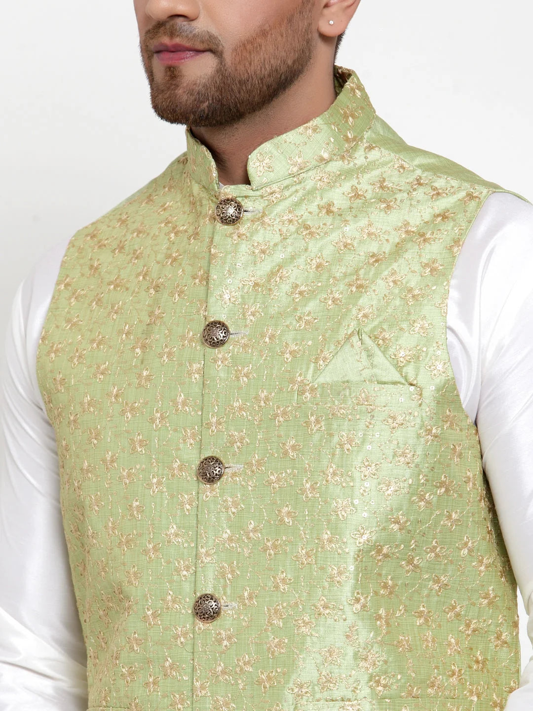 Green Dupion Kurta Pajama Set with Embroidered Nehru Jacket