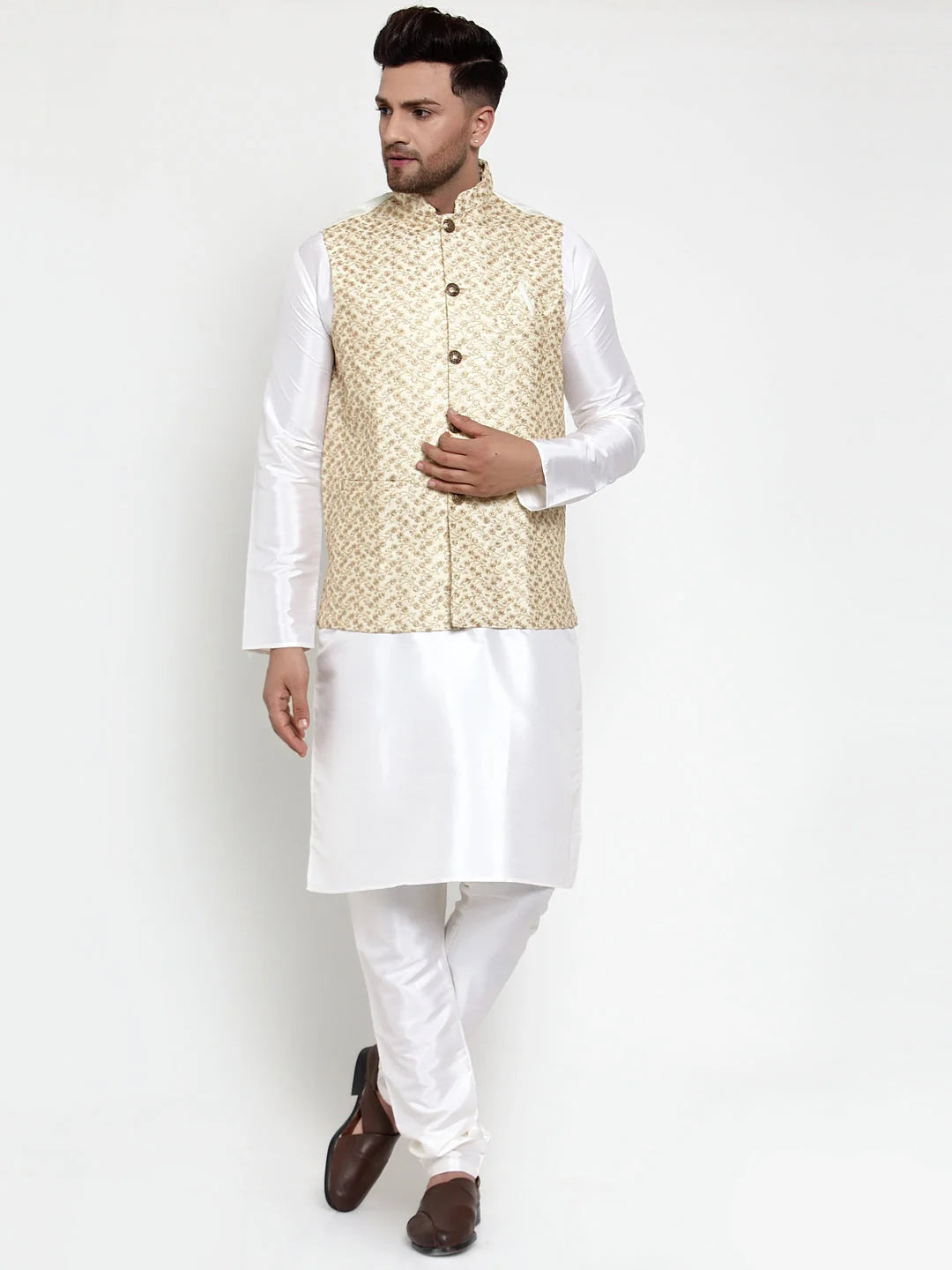 Men's Solid Lit Dupion Kurta Pajama with Embroidered Nehru Jacket