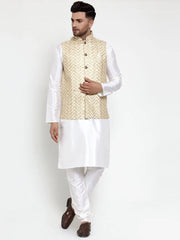 Men's Solid Lit Dupion Kurta Pajama with Embroidered Nehru Jacket