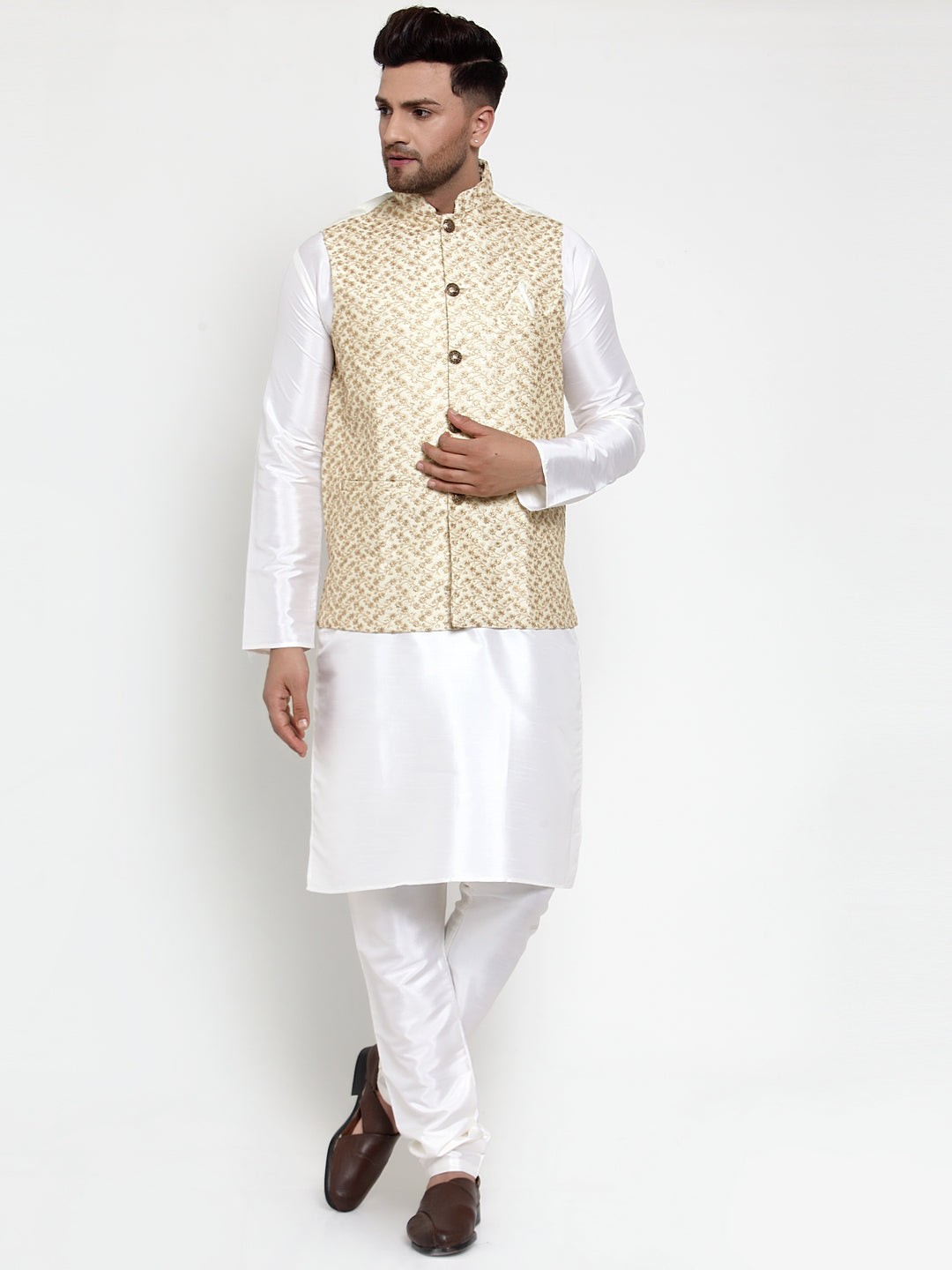 Solid Dupion Kurta Pajama with Embroidered Nehru Jacket for Men
