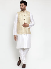 Men's Solid Lit Dupion Kurta Pajama with Embroidered Nehru Jacket