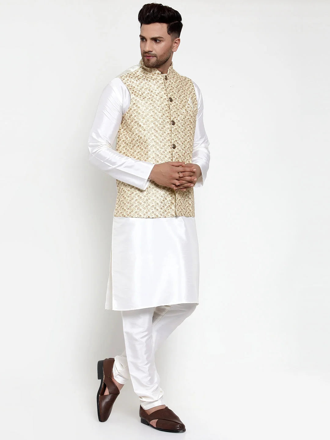 Solid Dupion Kurta Pajama with Embroidered Nehru Jacket for Men
