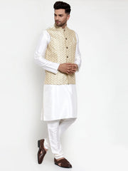 Men's Solid Lit Dupion Kurta Pajama with Embroidered Nehru Jacket