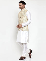 Men's Solid Lit Dupion Kurta Pajama with Embroidered Nehru Jacket