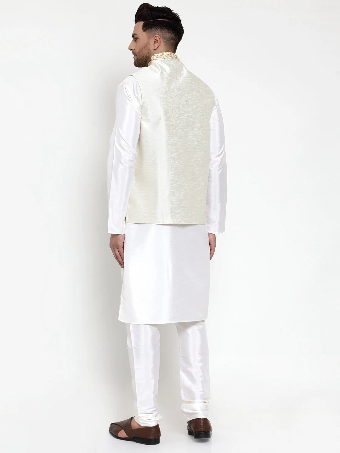 Solid Dupion Kurta Pajama with Embroidered Nehru Jacket for Men
