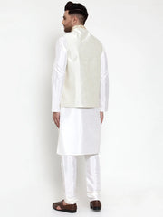 Men's Solid Lit Dupion Kurta Pajama with Embroidered Nehru Jacket
