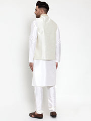 Men's Solid Lit Dupion Kurta Pajama with Embroidered Nehru Jacket