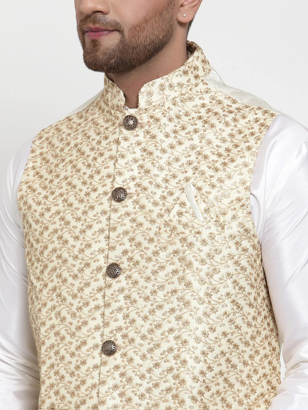 Solid Dupion Kurta Pajama with Embroidered Nehru Jacket for Men