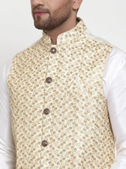 Men's Solid Lit Dupion Kurta Pajama with Embroidered Nehru Jacket