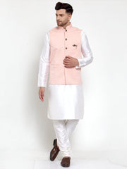 Men's Solid Lit Dupion Kurta Pajama with Woven Nehru Jacket