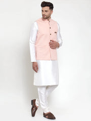 Men's Solid Lit Dupion Kurta Pajama with Woven Nehru Jacket