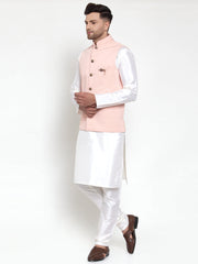 Men's Solid Lit Dupion Kurta Pajama with Woven Nehru Jacket