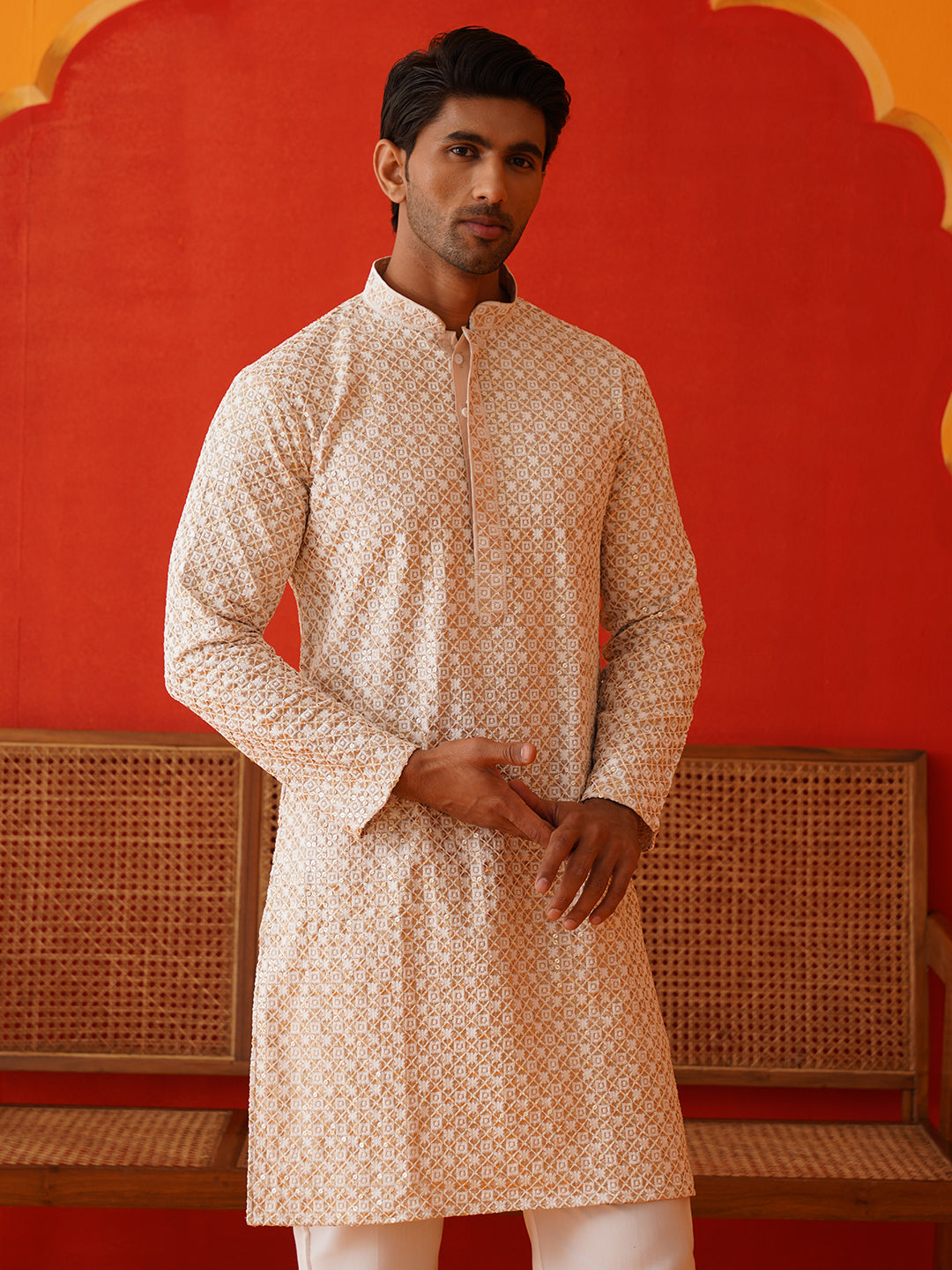 DesiQlo Men Embroidered Kurta Pyjama Set - Beige - JJOKP_P_5128Beige_S