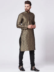 Men Golden & Black Self Design Kurta with Churidar