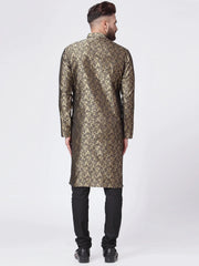 Men Golden & Black Self Design Kurta with Churidar