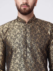 Men Golden & Black Self Design Kurta with Churidar