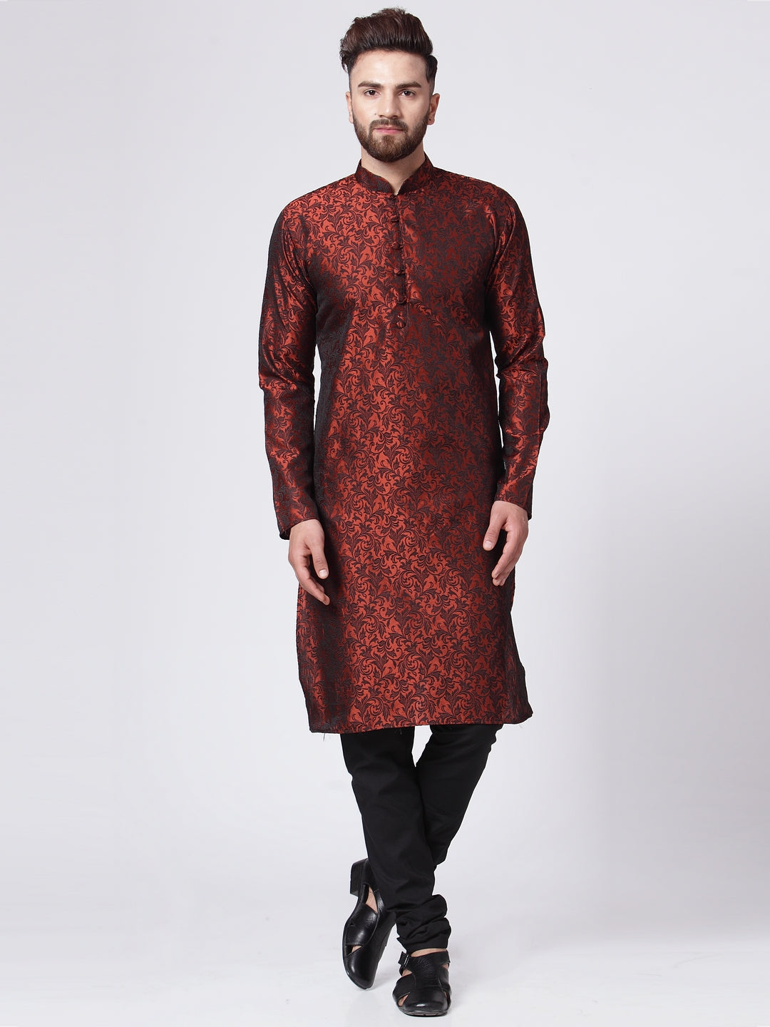 Maroon & Black Woven Mens Kurta Pajama Set | Ethnic Wear