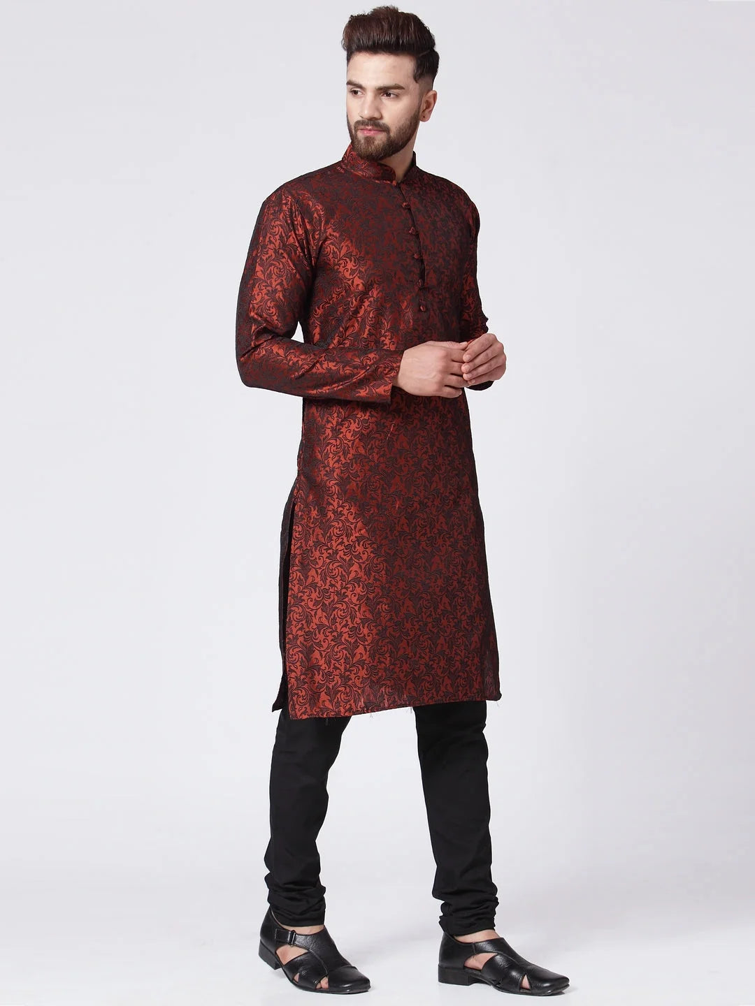 Maroon & Black Woven Mens Kurta Pajama Set | Ethnic Wear