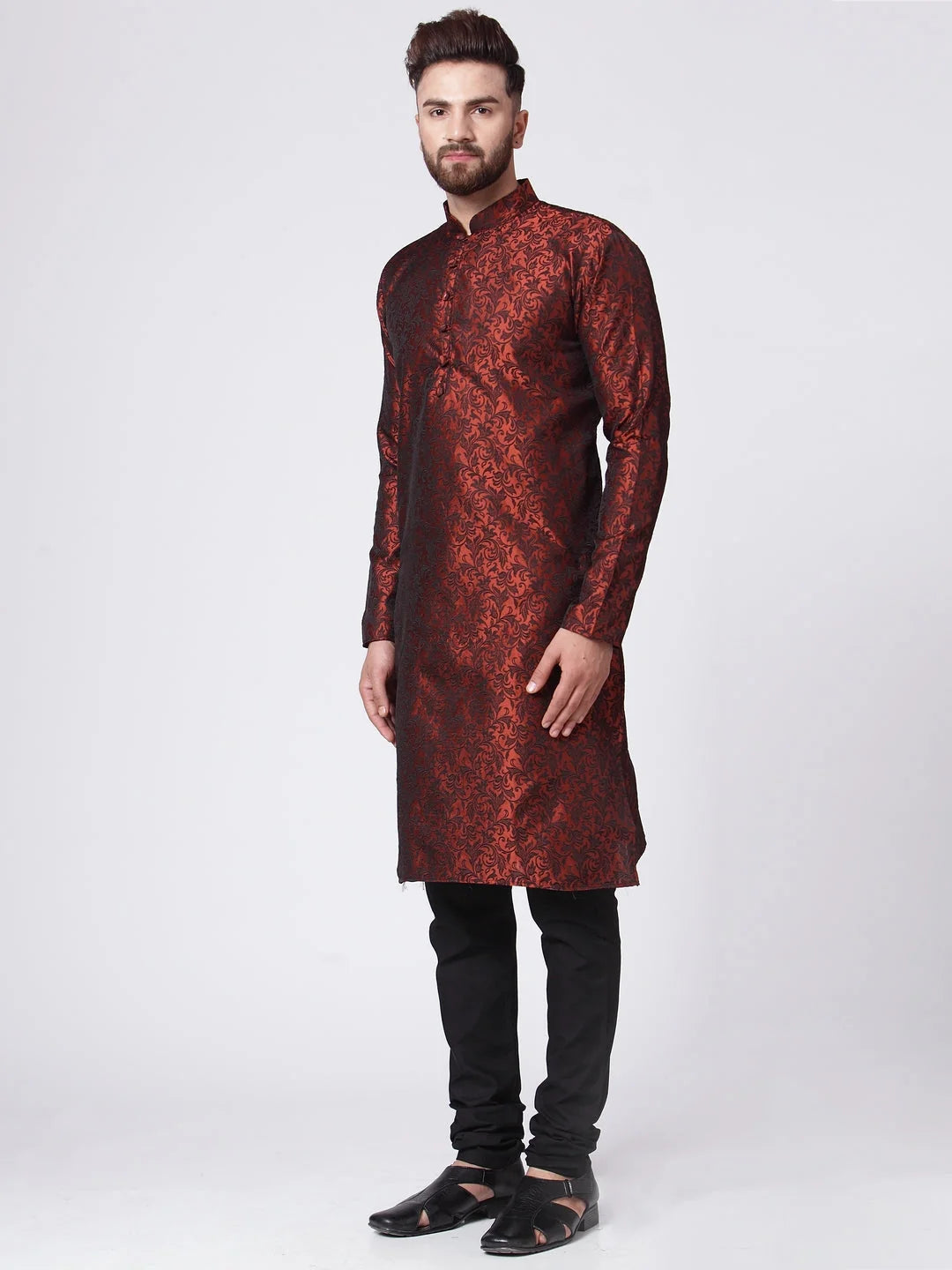 Maroon & Black Woven Mens Kurta Pajama Set | Ethnic Wear