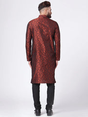 Men Maroon & Black Woven Design Kurta with Churidar