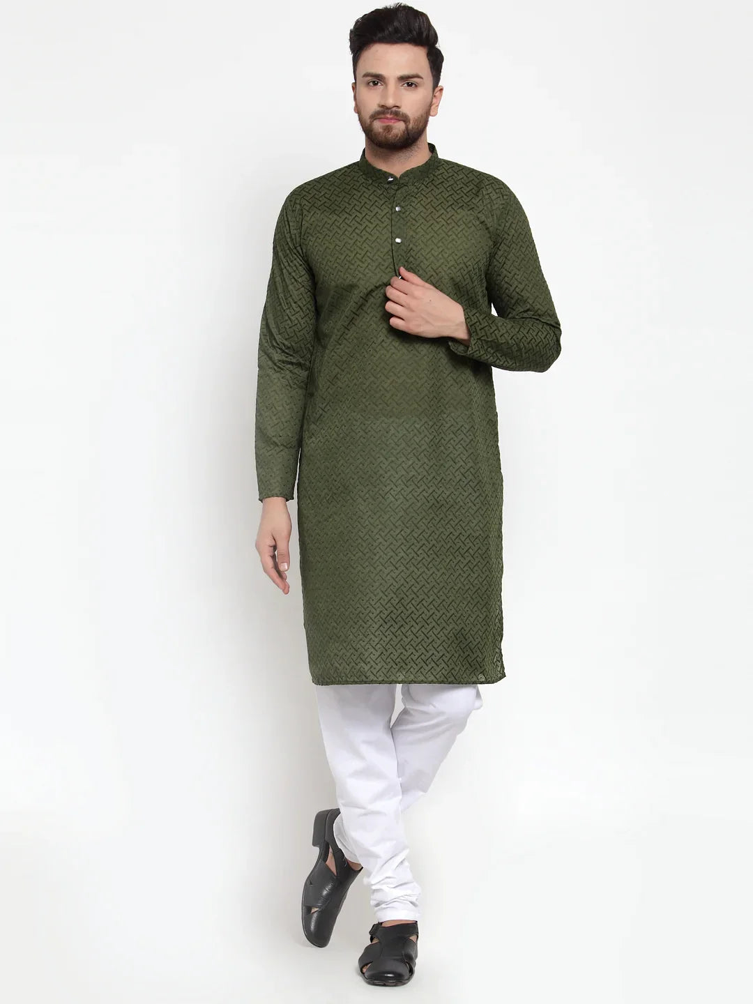Men's Olive Green Chikan Kurta Pajama Set | Ethnic Wear