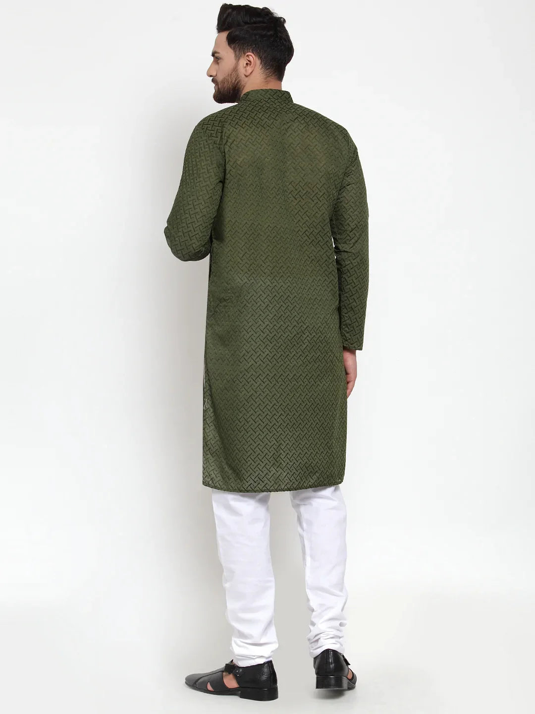 Men's Olive Green Chikan Kurta Pajama Set | Ethnic Wear