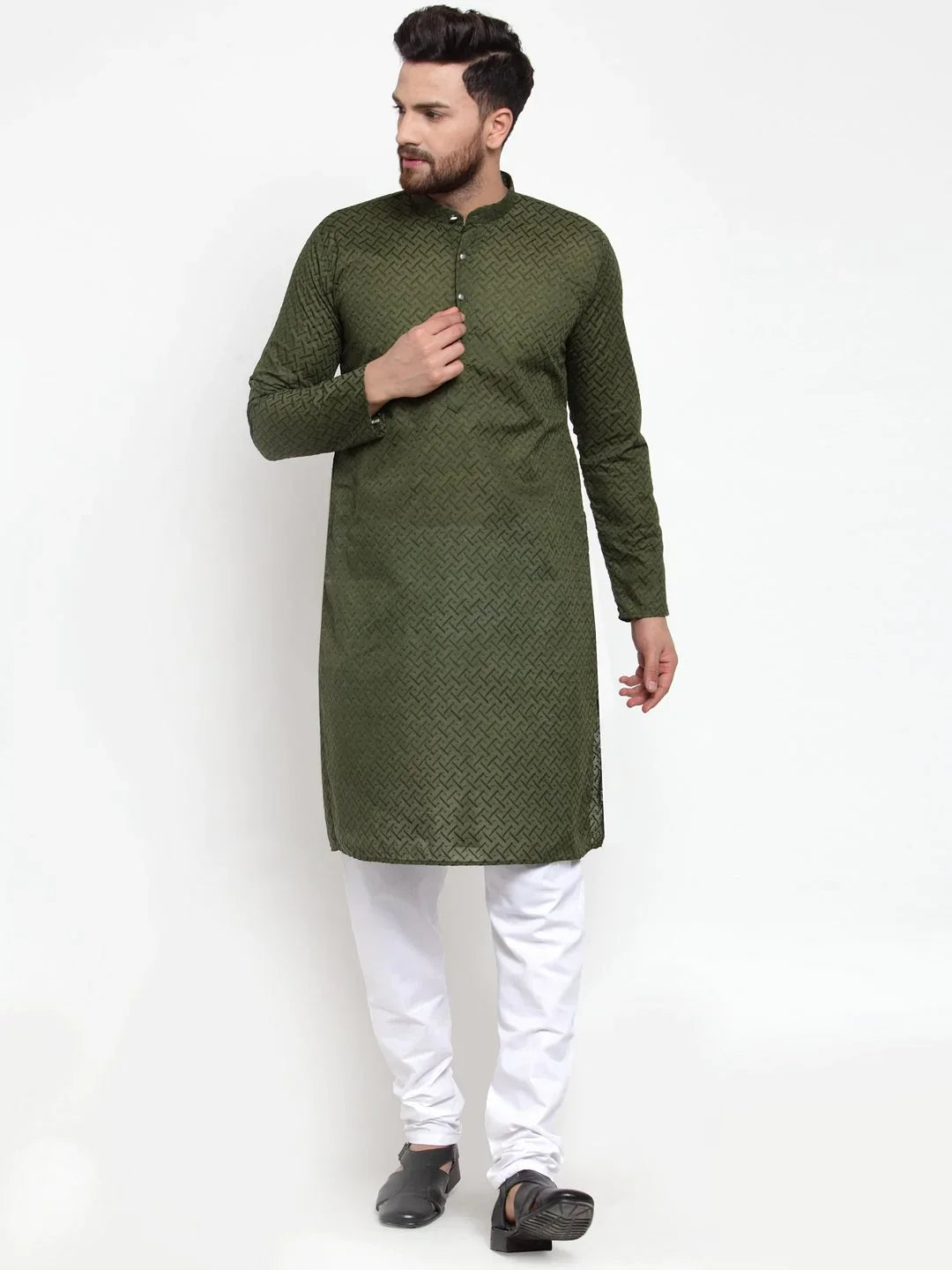 Men Olive Green Chikan Kurta - Cotton Indian Kurta for Men