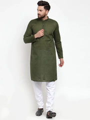 Men Olive Green Chikan Kurta with Churidar ( JOKP 561 Olive )-JOKP-561