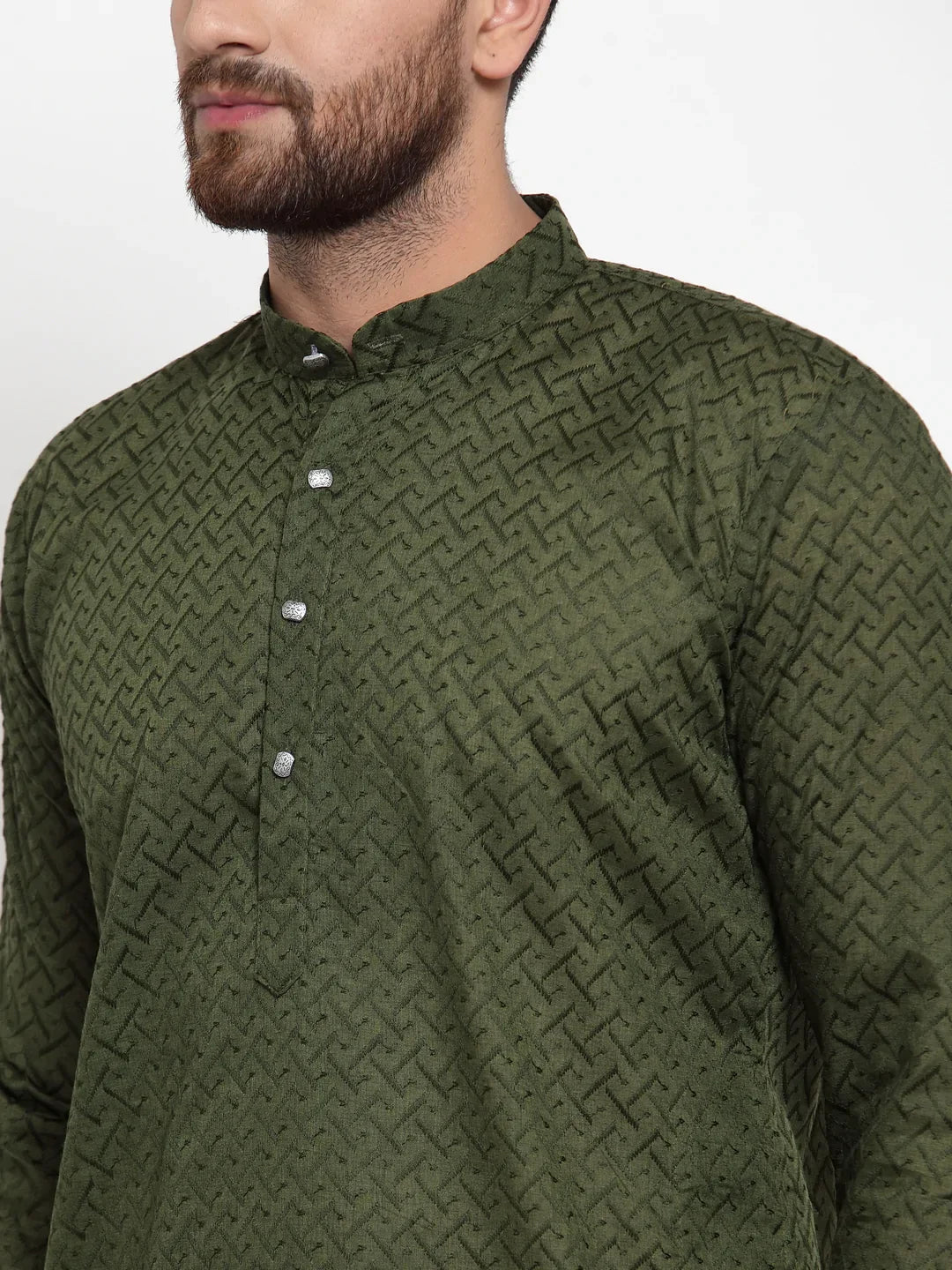 Men's Olive Green Chikan Kurta Pajama Set | Ethnic Wear