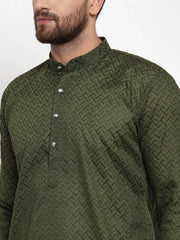 Men Olive Green Chikan Kurta with Churidar ( JOKP 561 Olive )-JOKP-561