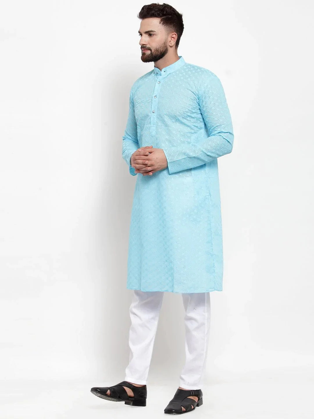 Sky Blue Indian Kurta for Men - Mens Kurta Cotton Chikan