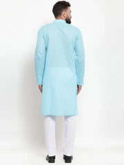 Chikankari Pure Cotton Kurta with Churidar-JOKP-561Sky