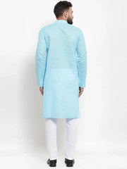 Men Sky Blue Chikan Kurta with Churidar ( JOKP 561 Sky )-JOKP-561