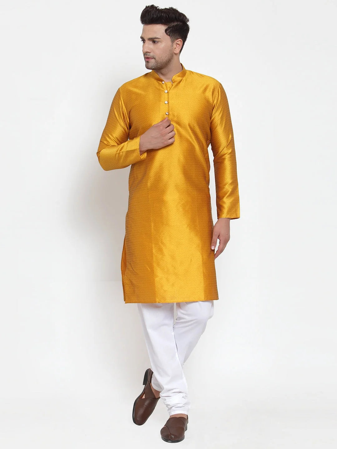 Men's Yellow Jacquard Indian Kurta | Shop Kurtas Online