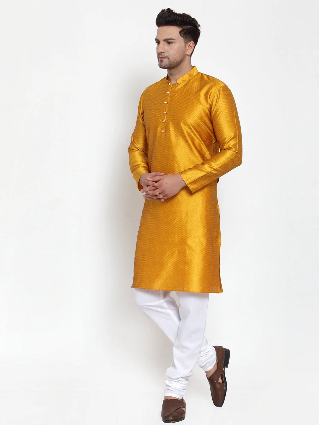Men's Yellow Jacquard Indian Kurta | Shop Kurtas Online