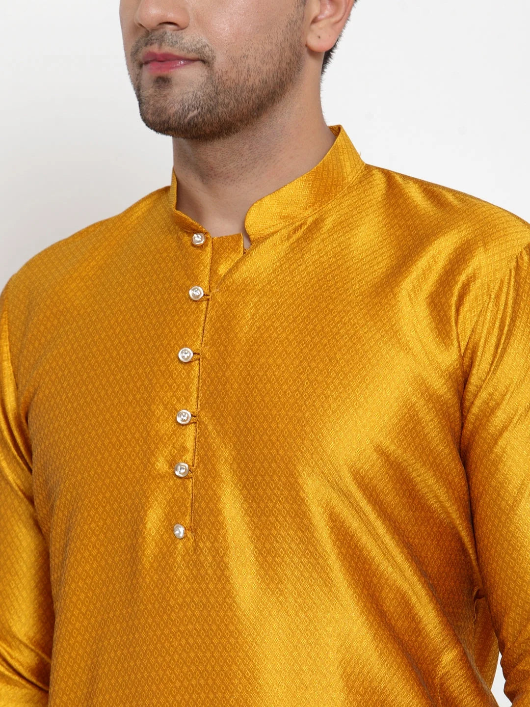 Yellow Jacquard Kurta Pajama Set for Men - Kurta Pajama