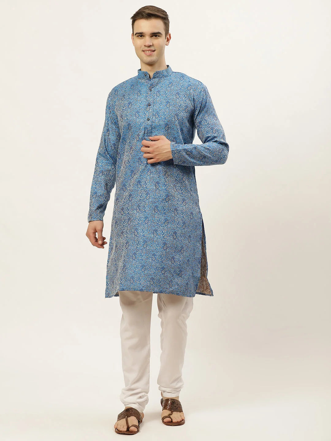 Blue Printed Jacquard Kurta Payjama - Mens Kurta Pajama Set