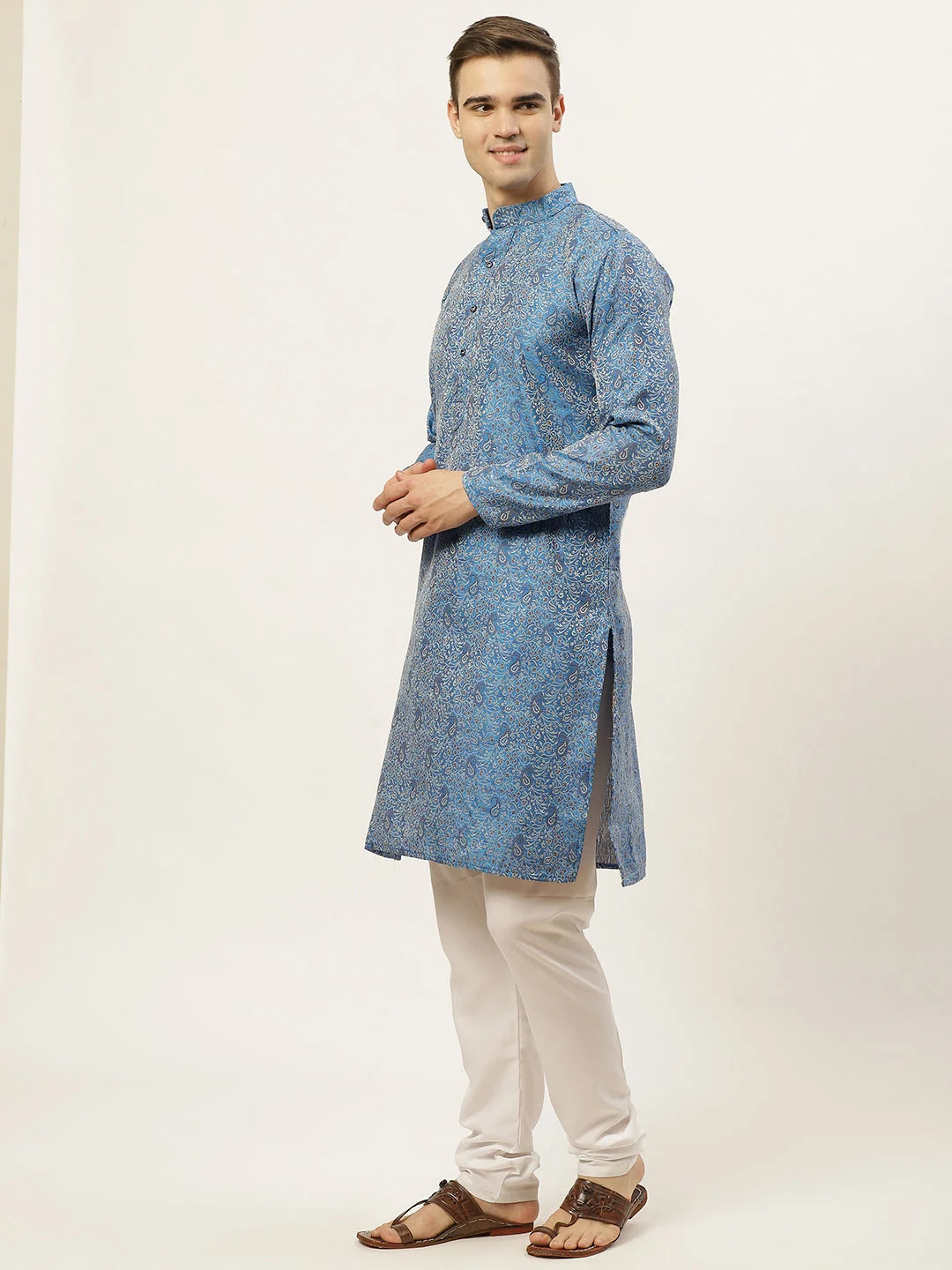 Blue Printed Jacquard Kurta Payjama - Mens Kurta Pajama Set