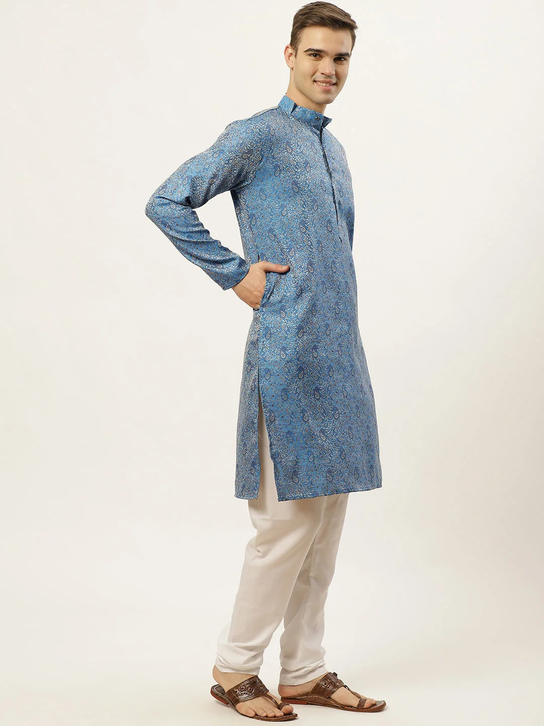 Blue Printed Jacquard Kurta Payjama - Mens Kurta Pajama Set