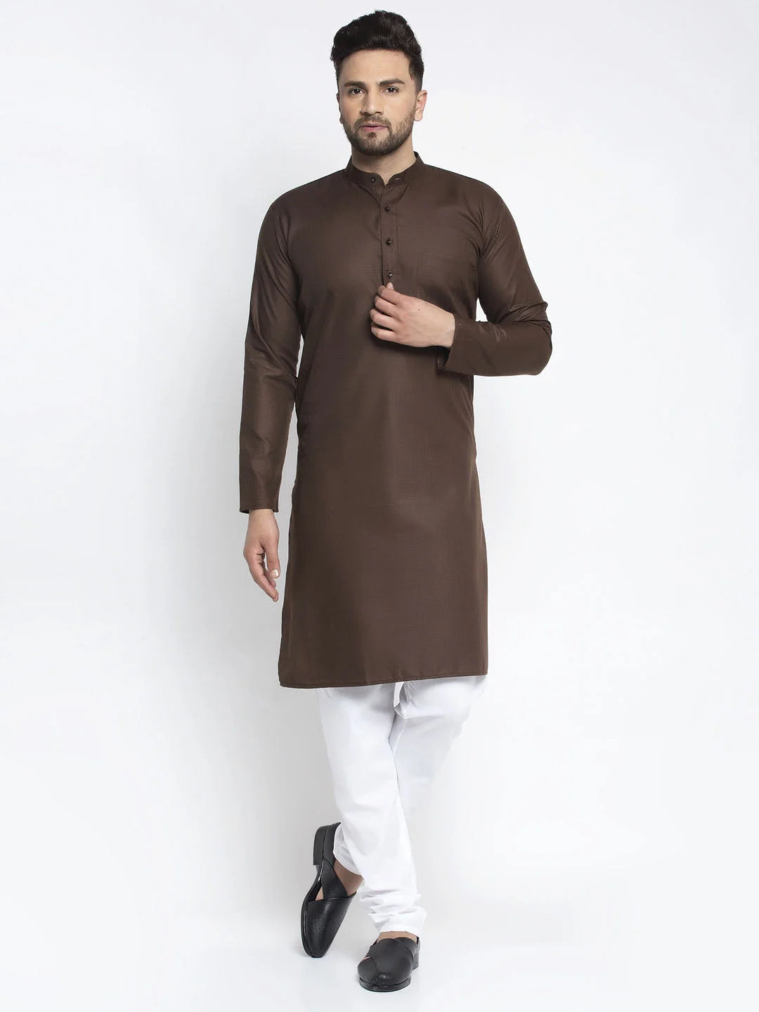 Men's Coffee Cotton Solid Kurta Payjama Sets