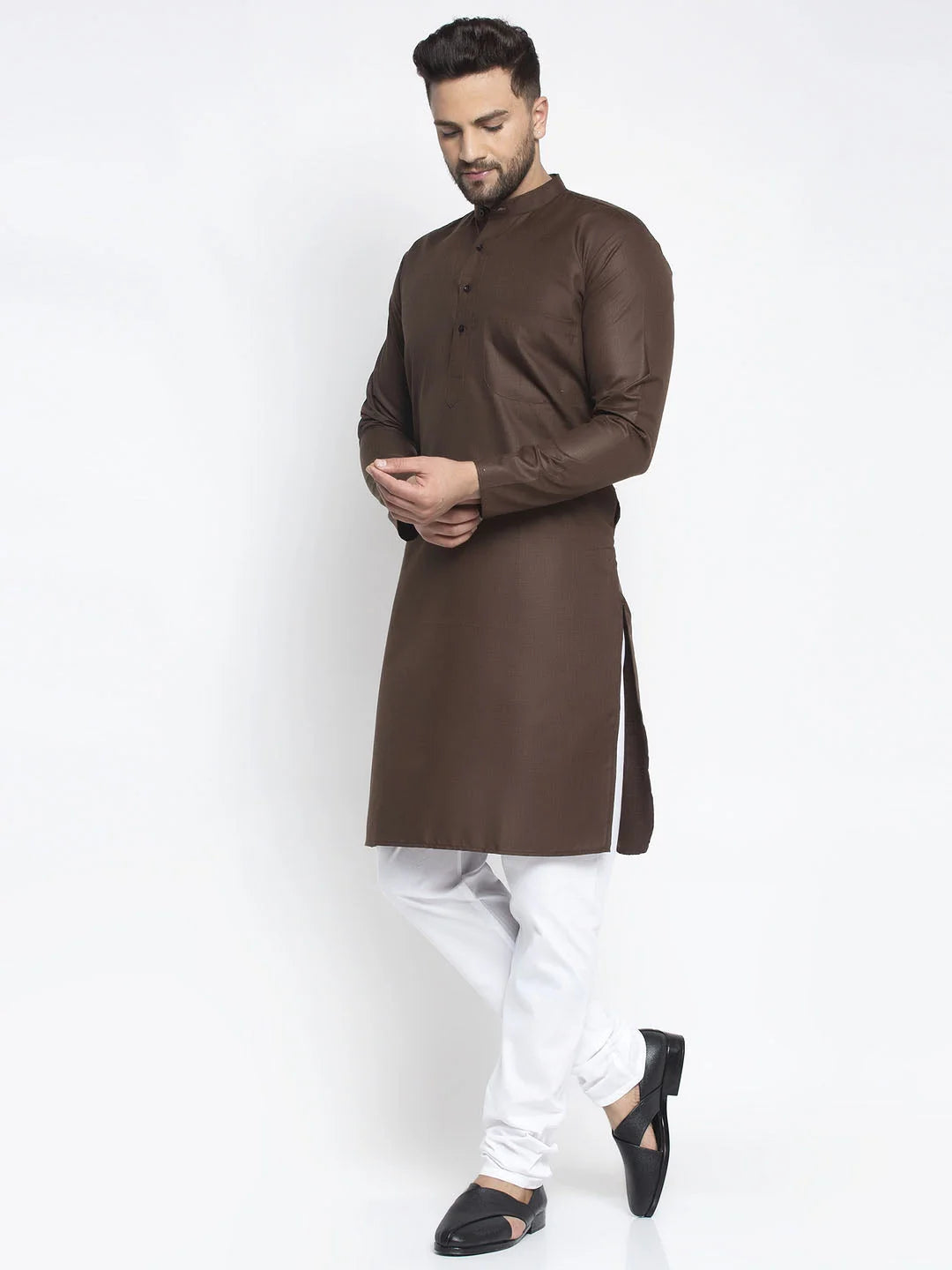 Coffee Cotton Solid Kurta Pajama Sets for Men - Ethnic Wear