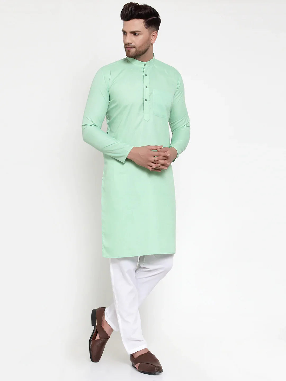 Green Cotton Mens Kurta Churidar - Traditional Kurta Pajama Set