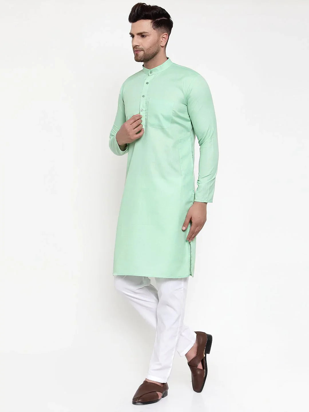 Green Cotton Mens Kurta - Short Kurta for Men Online
