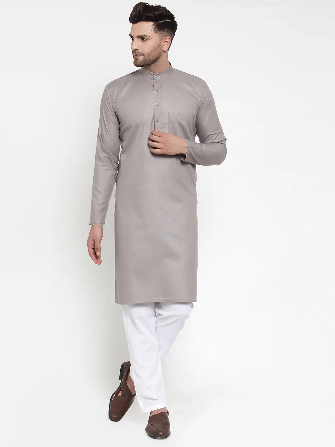 Grey Mens Kurta Pajama Set | Solid Cotton Kurta Churidar