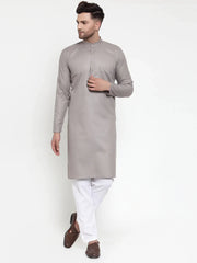 Men Grey & White Solid Kurta with Churidar ( JOKP 611 Grey )-JOKP-611