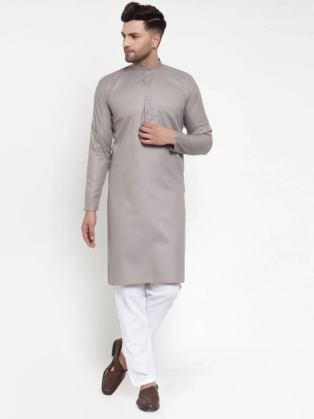 Grey & White Mens Kurta - Cotton Indian Kurta for Men