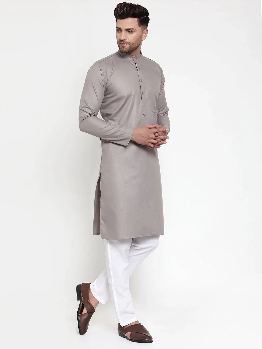 Grey & White Mens Kurta - Cotton Indian Kurta for Men